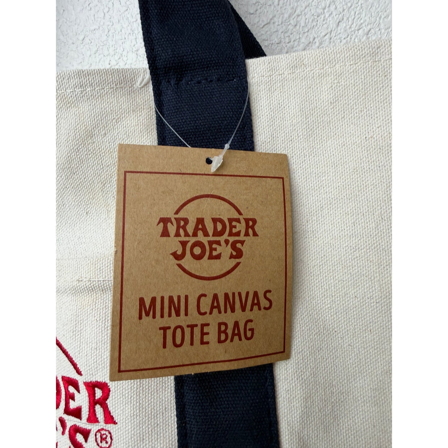 NWT Trader Joe’s Mini Canvas Tote Bag Navy Cream Red Logo Grocery Shopper
