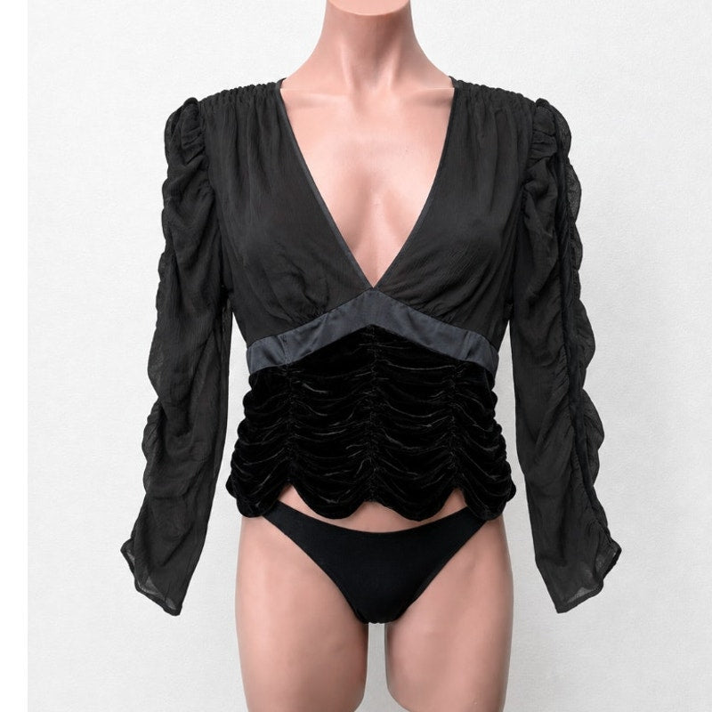 Catherine Malandrino Black Deep-V Gauze Satin Velvet Ruched 3/4 Sleeve Blouse S