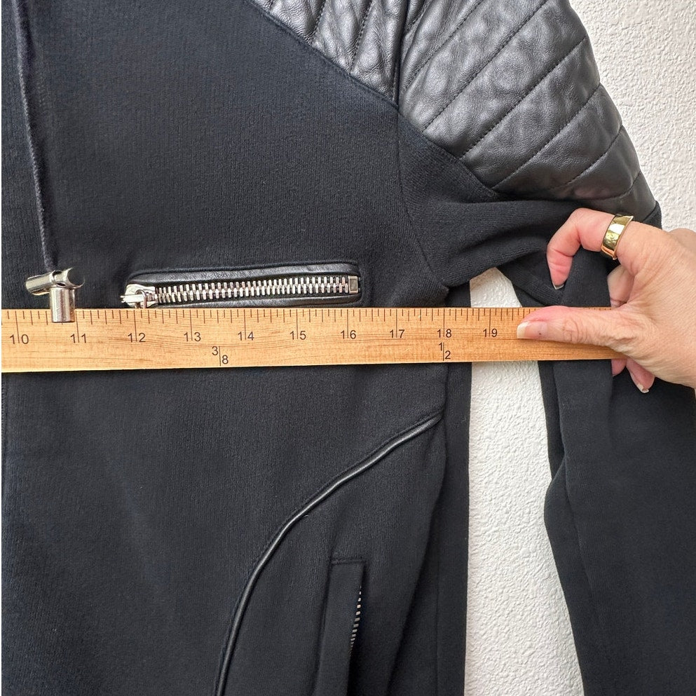 Balmain Black Moto Hoodie Leather-Shoulder Zip Sweatshirt Men M