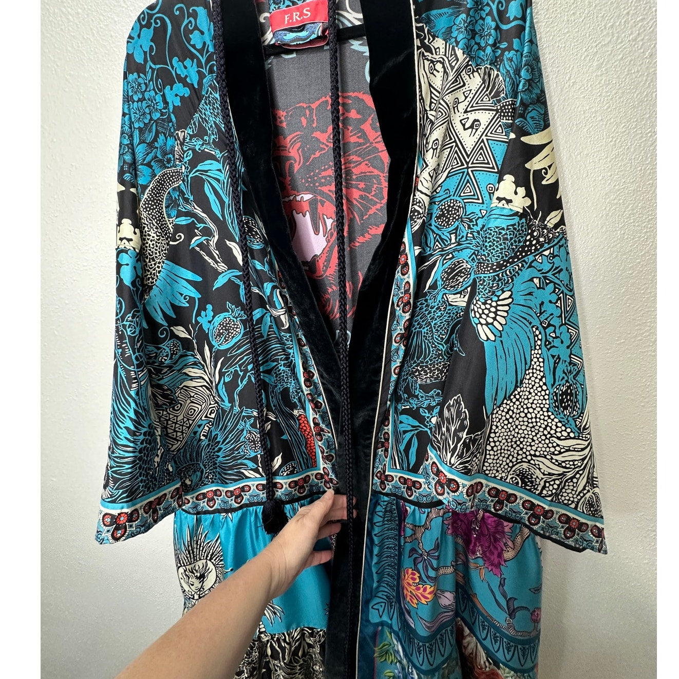 F.R.S. Cream Black Blue Red Multi Bird Floral Tiger Print Kimono M