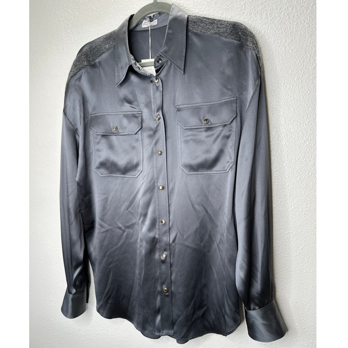 NWT Brunello Cucinelli Lead Gray Silk Beaded Fuzzy Shoulders Snap Shirt XL