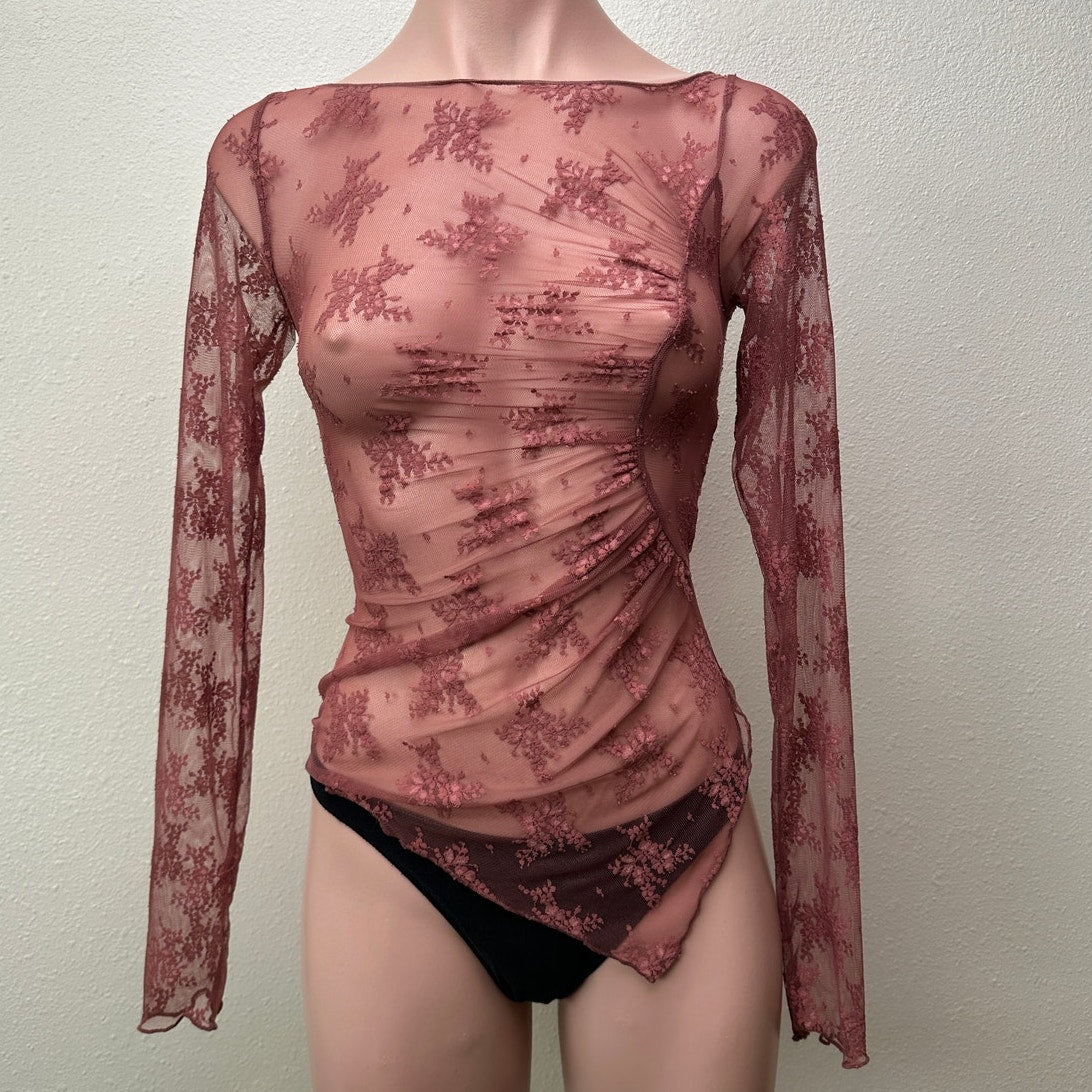 Free People Mauve Sheer Ruched Lace Top XS