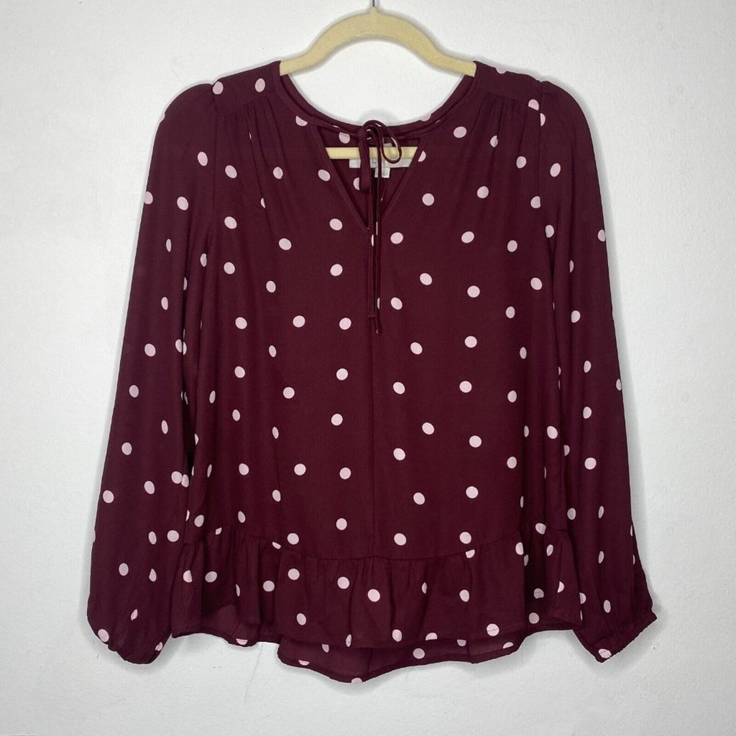 Loft Burgundy Plum & Pink Polka Dot Tie Neck Ruffle Hem Long Sleeve Blouse XXS