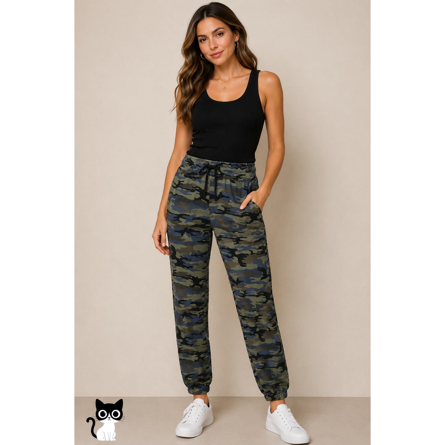 Sanctuary Green Black Blue Camo Print Cinch Waist Banded Joggger S