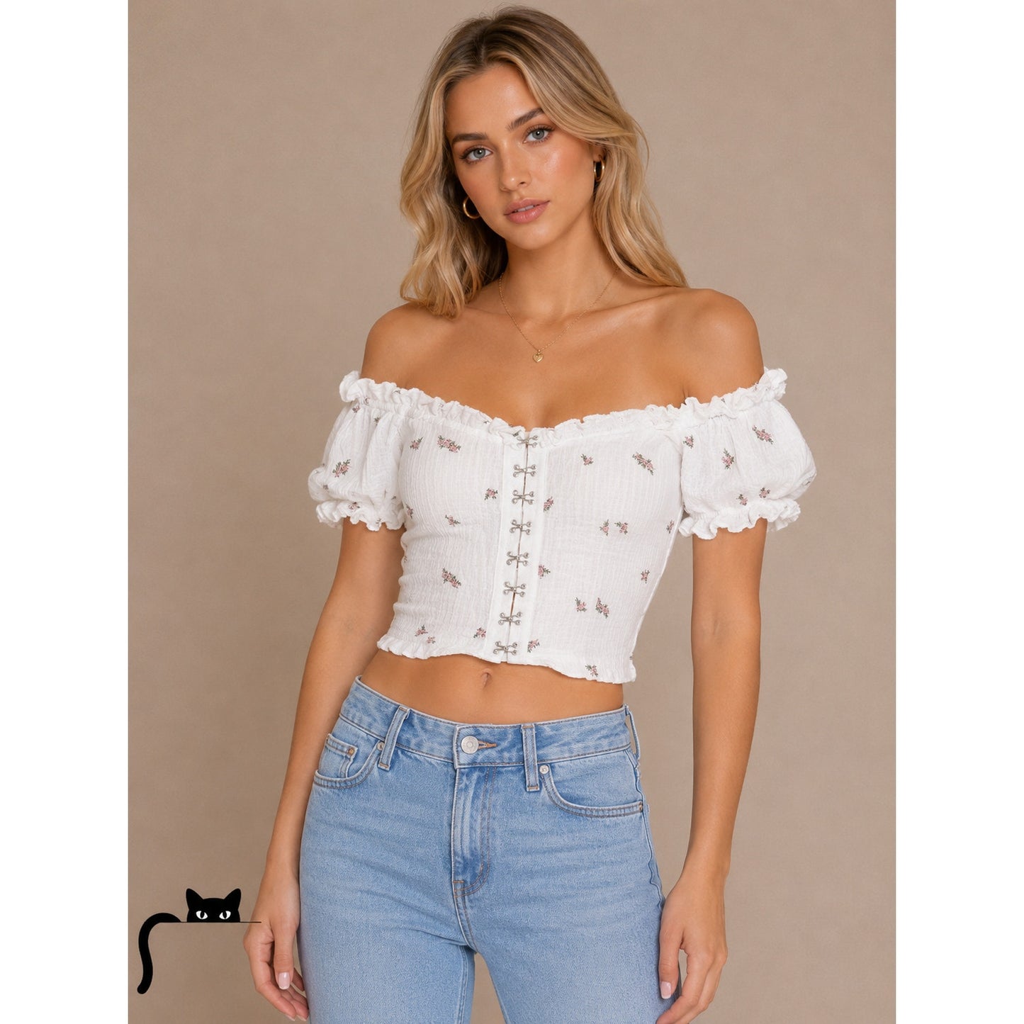 With Jean White Gauze Exposed Hook and Eye Floral Puff Off Shoulder Crop Top XS