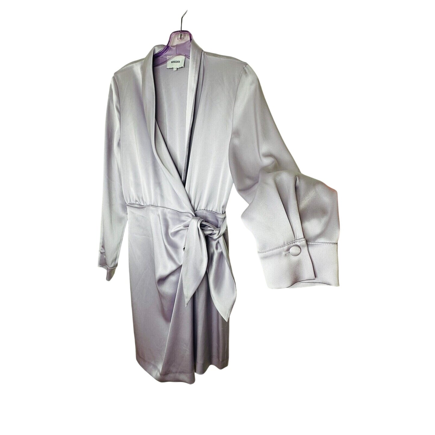 Nanushka Lilac Siwa Tech Satin Wrap Dress Asymmetrica V-Neck Concealed Snap S