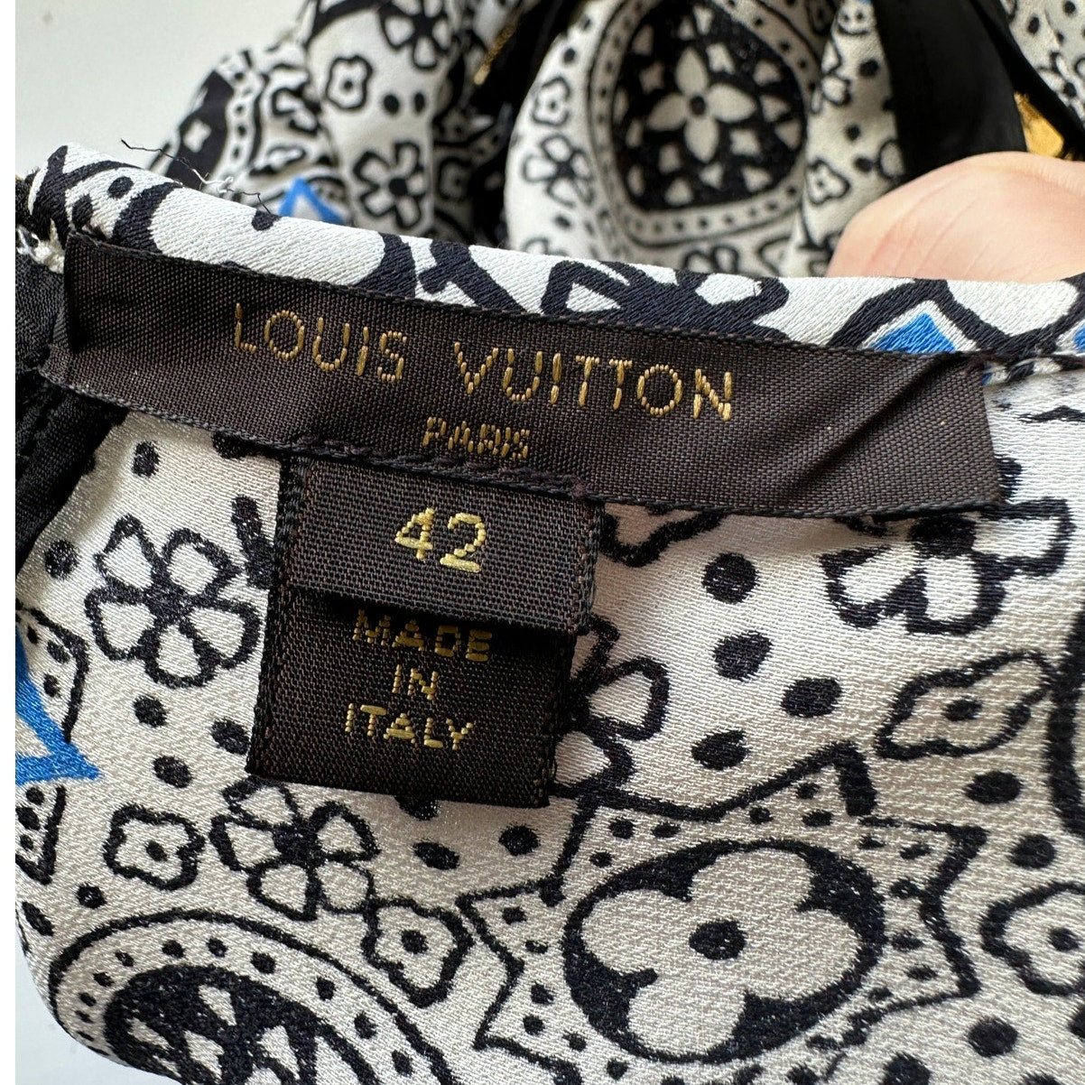 Louis Vuitton Silk Belted Print Midi Dress Runway White Black Blue 42 / 10