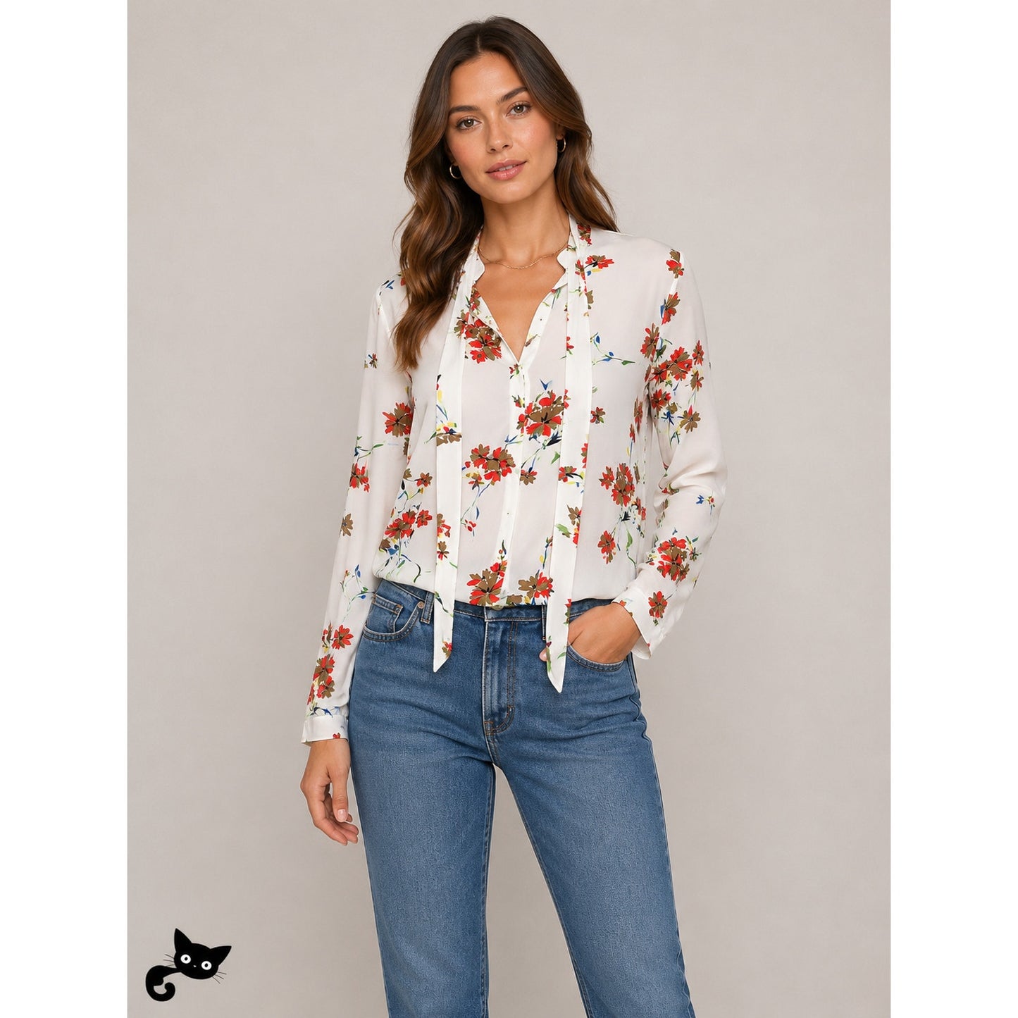 Off White Red Brown Blue Floral Long Sleeve Tie Neck Blouse Top L