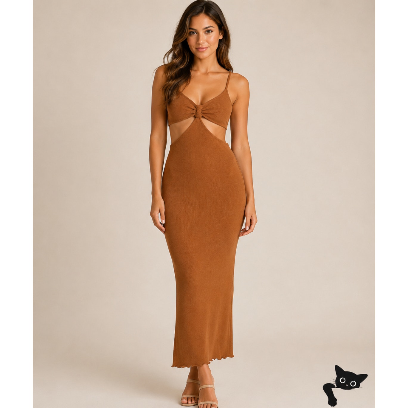 Blanc Clothing Sexy Camel Cut-Out Front Knot Spaghetti Strap Knit Maxi Dress L