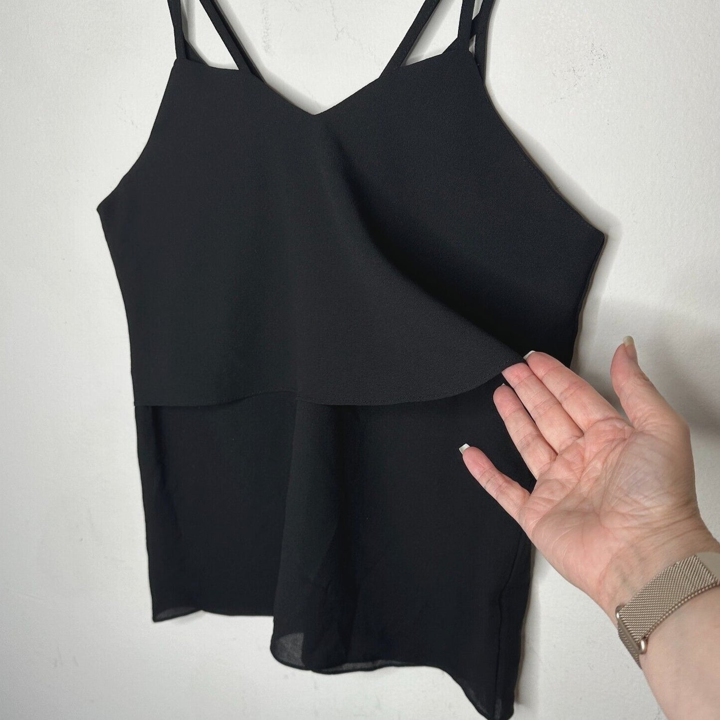 Love Riche Sexy Strappy Jet Black Tiered Flowy Layer Vneck Cami Top Blouse S