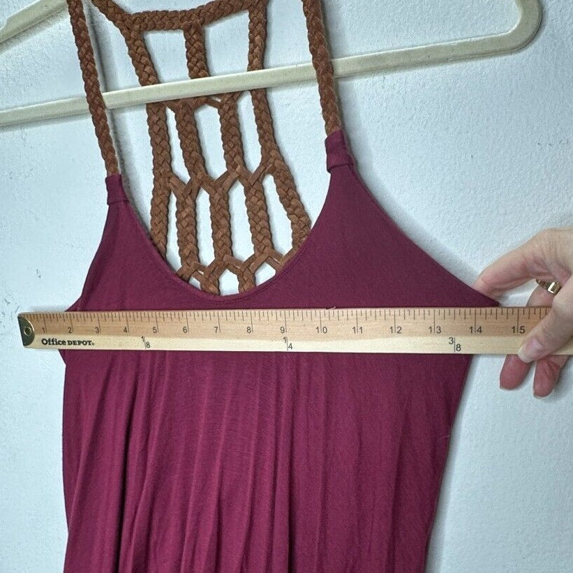 Sky Burgundy Scoop Neck Hand Braided Leather Design Back Strap Flowy Dress XS