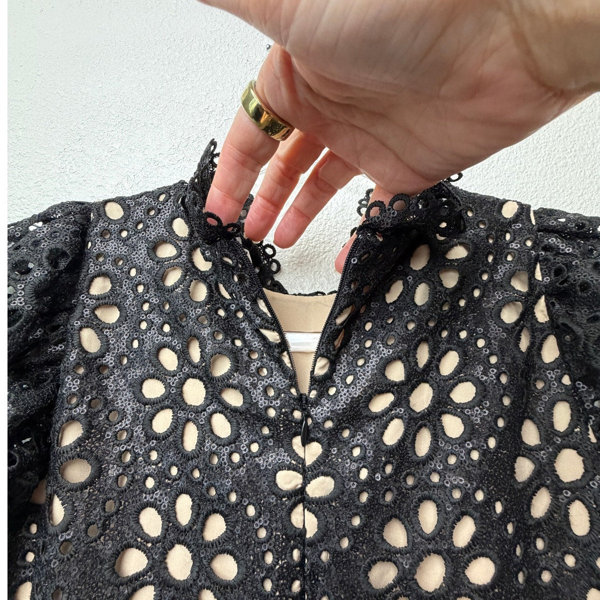 Sea New York Black Eyelet Lace Mock Neck Ruffle Dress US 0