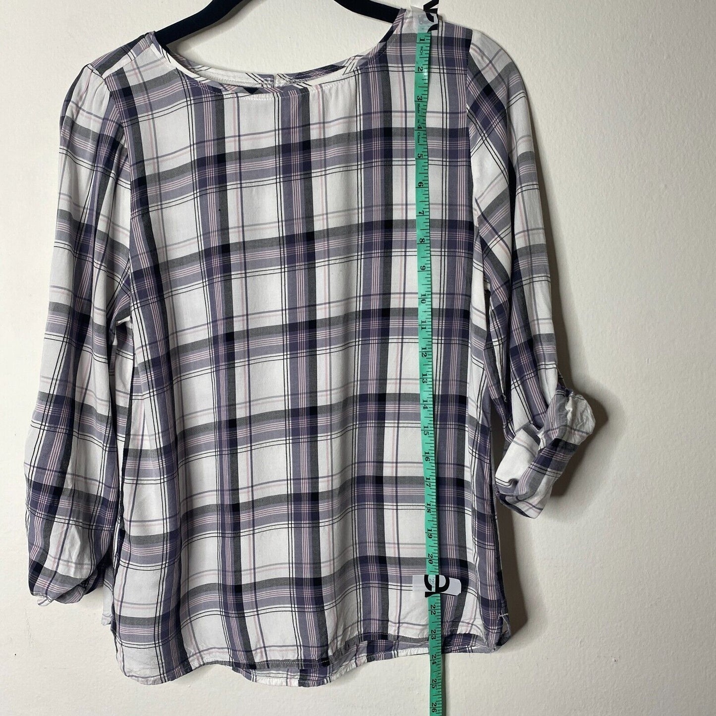 Loft Lavender Plaid Flowy Roll-Tab Sleeve Shirred Back Keyhole Button Blouse SP