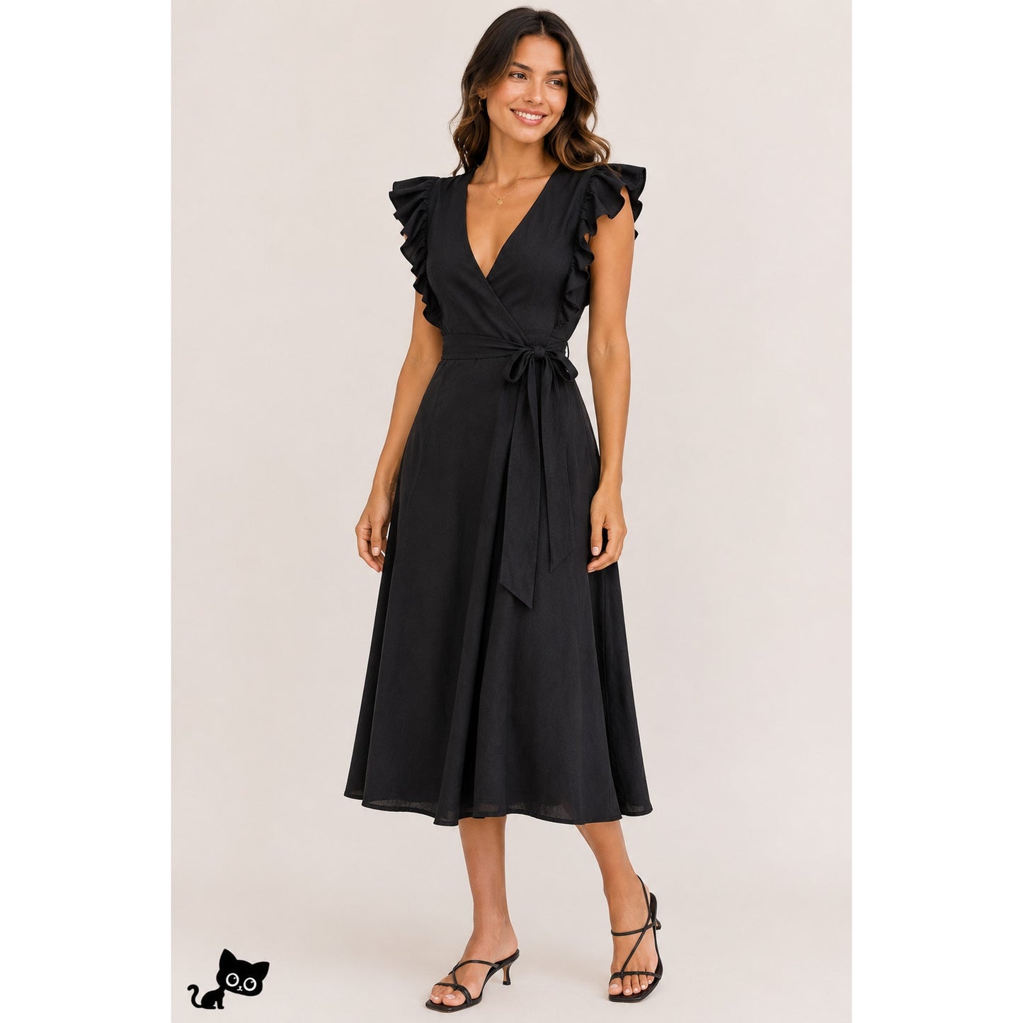 Subtropicalia Black Vera Ruffle Sleeveless Wrap Dress S