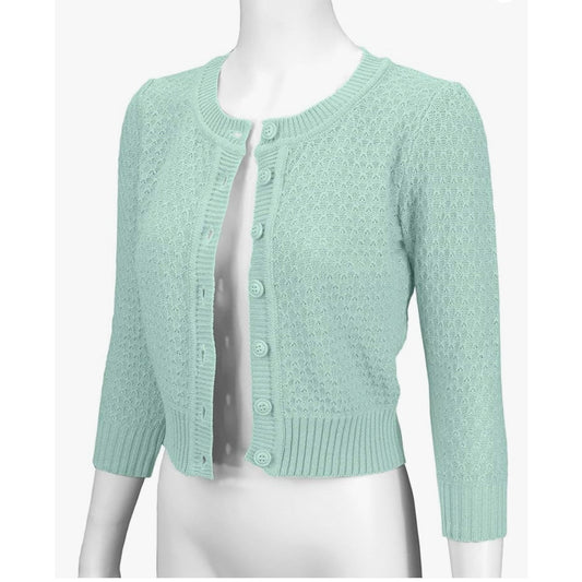 Ye Mak Mint Green Classic Casual Button Front Crew Neck Knit Crop Sweater Small