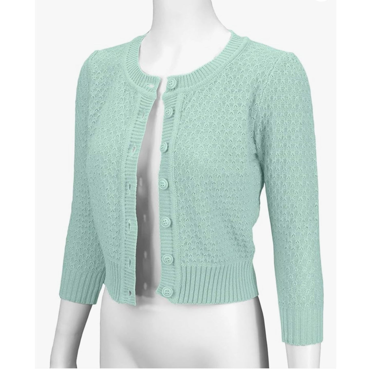 Ye Mak Mint Green Classic Casual Button Front Crew Neck Knit Crop Sweater Small