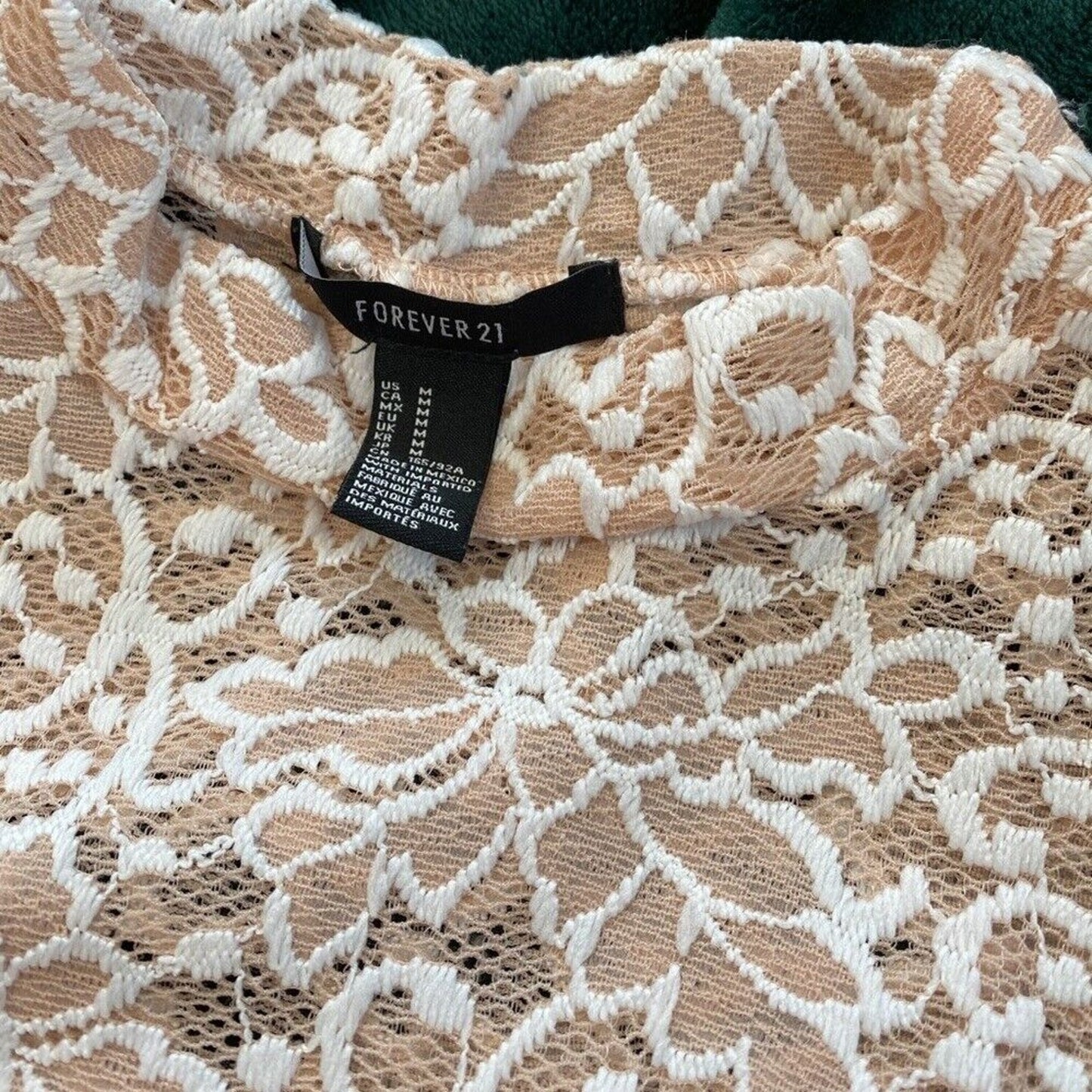 Mock Neck Bell Short Sleeve Blouse Sheer Floral Lace Design M