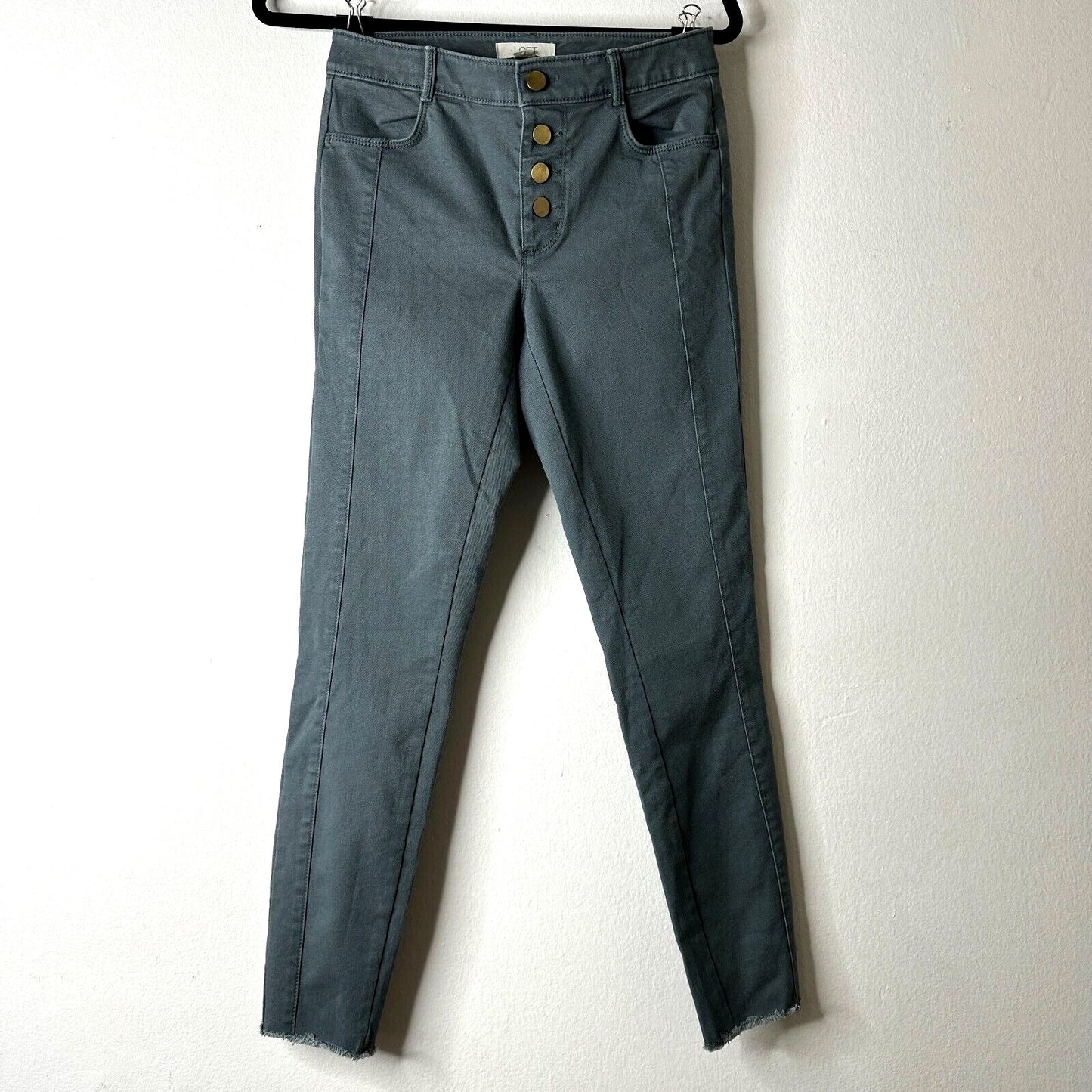 NWT Loft Slate Gray Gold Button Fly Frayed Hem Pant Jean Front Stitch Seams 00