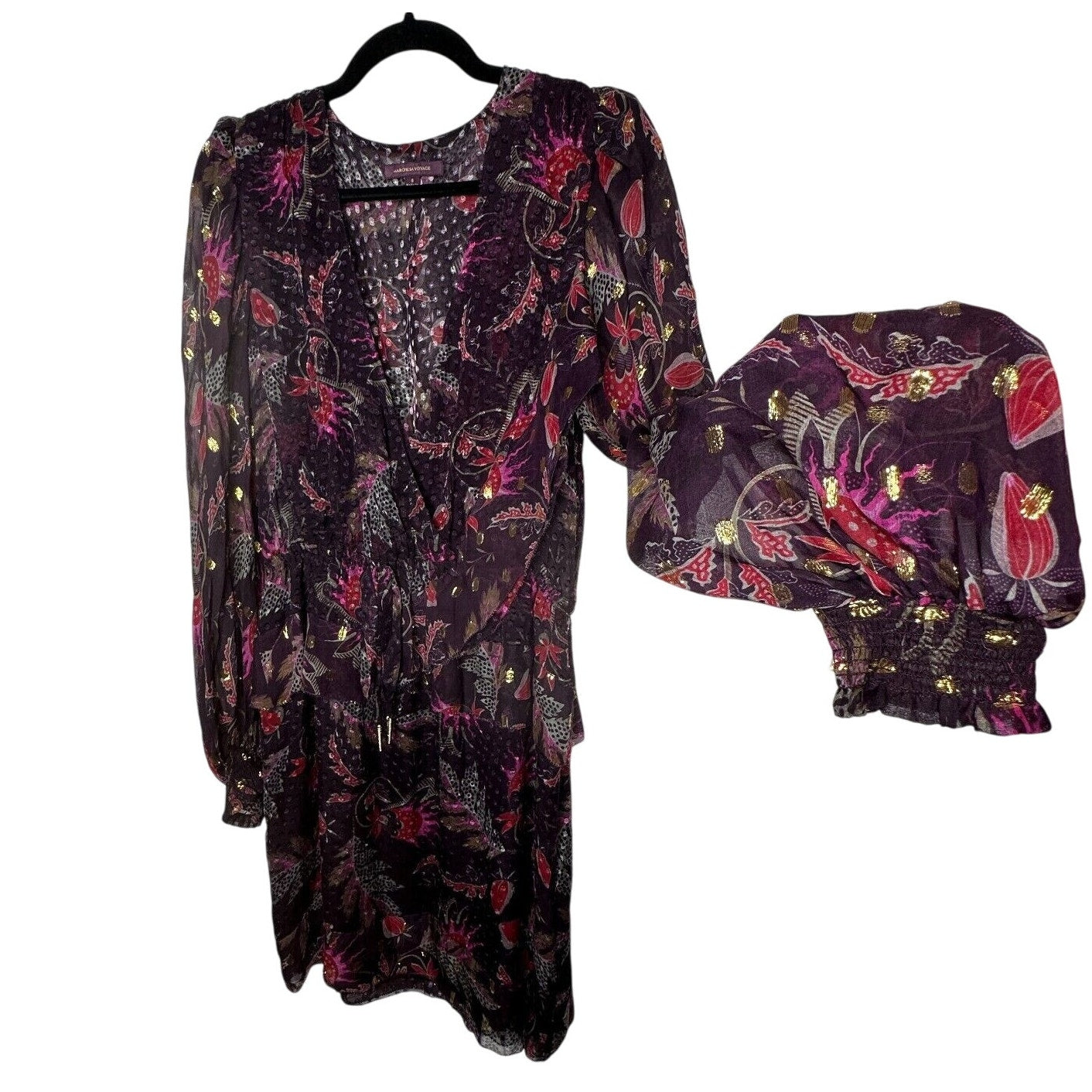 Marchesa Voyage Burgundy 100% Silk Flounce Peplum V Neck Long Sleeve Dress 8