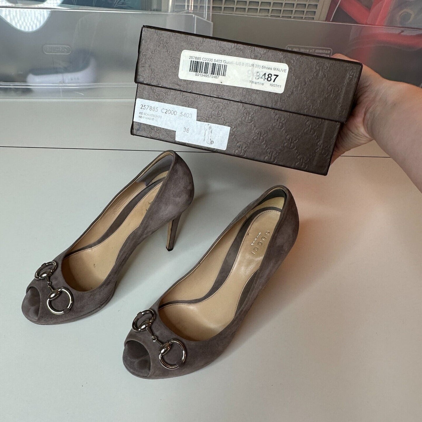 Gucci Kid Scamosciato New Mauve Gray Suede Horsebit Open Toe Stiletto Heel 38