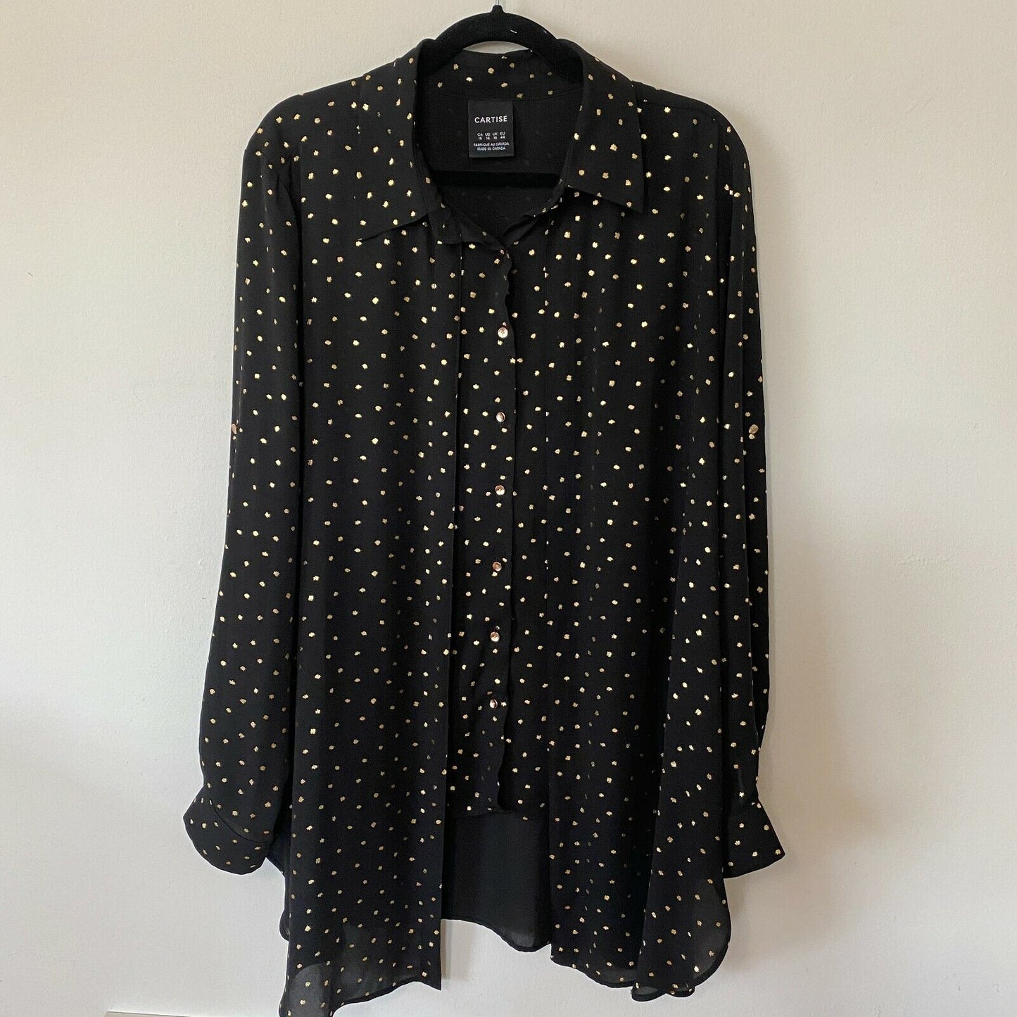 Cartise Black and Gold Polka Dot Button Down Shirt Sheer Front Overlay Panel 14
