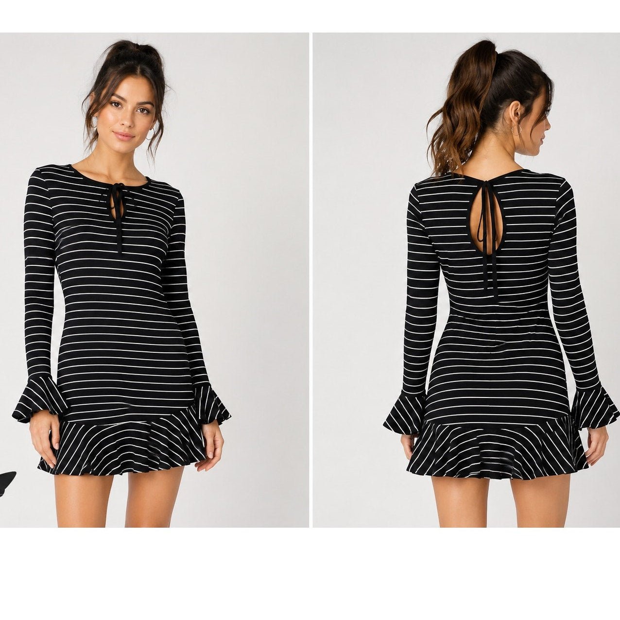 Saylor Black & White Stripe Tessa Bell Long Sleeve Keyhole Tie Knit Dress S