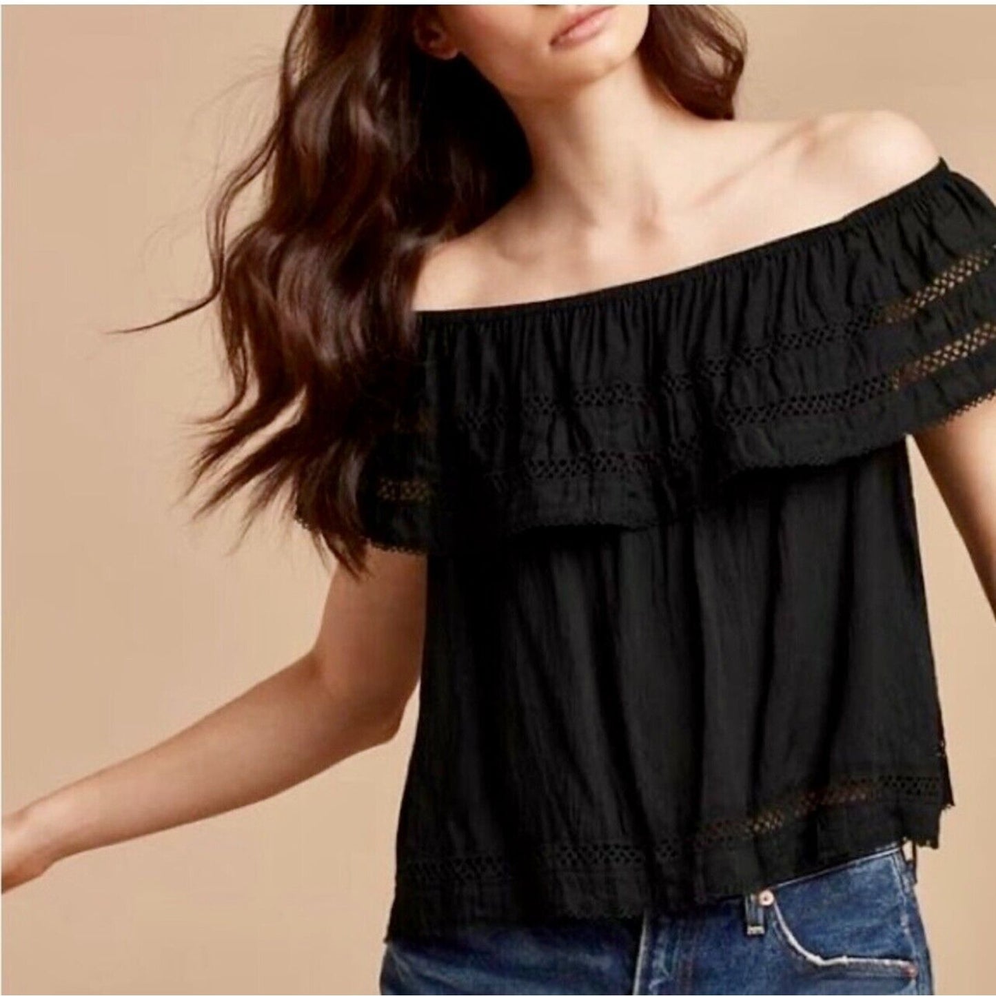 Aritzia Wilfred Hollande Black Off Shoulder Crochet Ruffle Crop Boho Blouse XS
