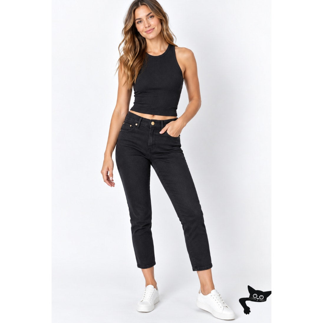 Iman Jet Black Stretch Flat Front-Button Zipper Straight Leg Pant Jean L Short