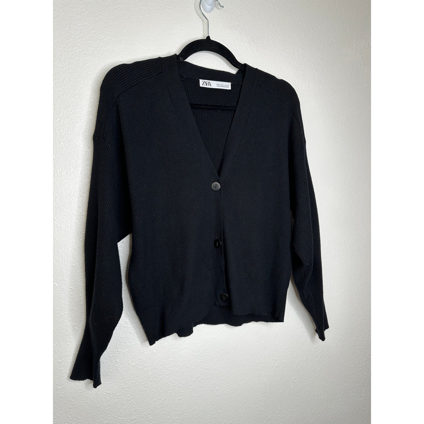 Zara Black Ribbed V-Neck Front Button Long Sleeve Cardigan Sweater S