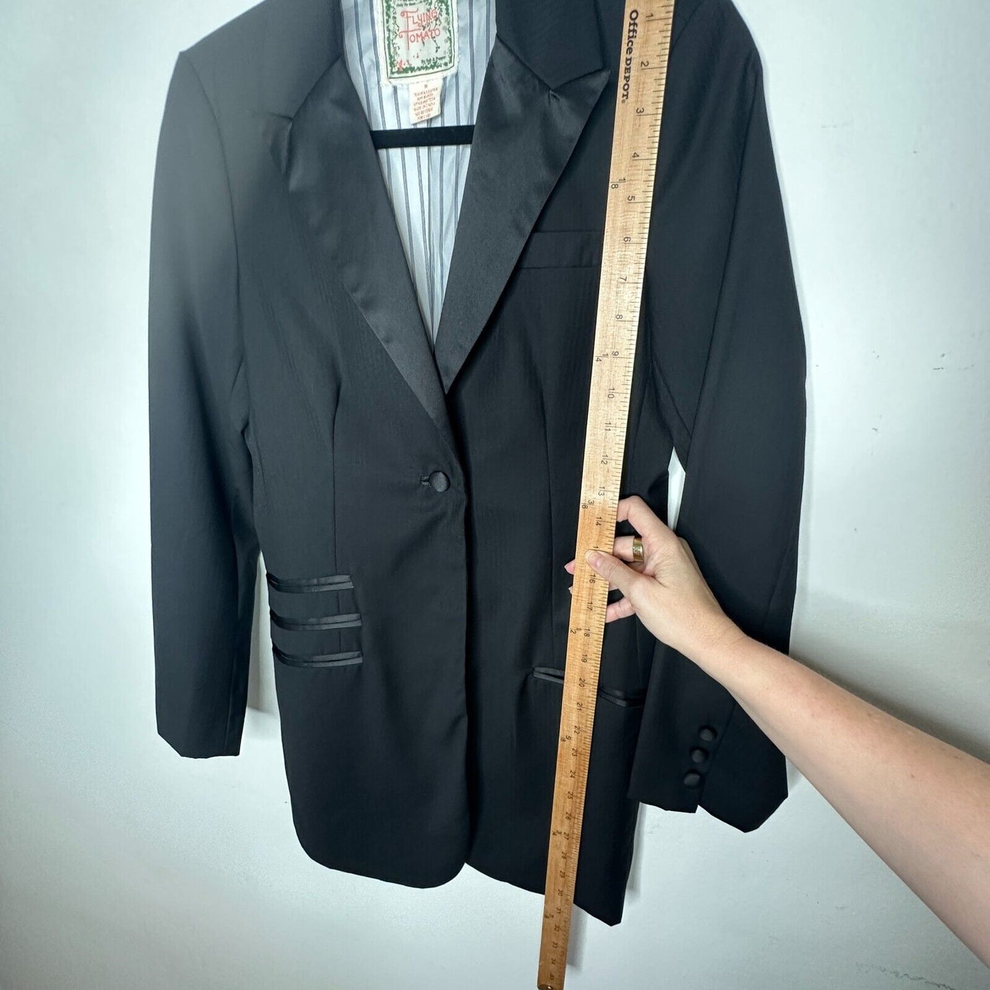Flying Tomato Black Long One-Button Tuxedo Blazer Satin Trim Lapel & Pockets M
