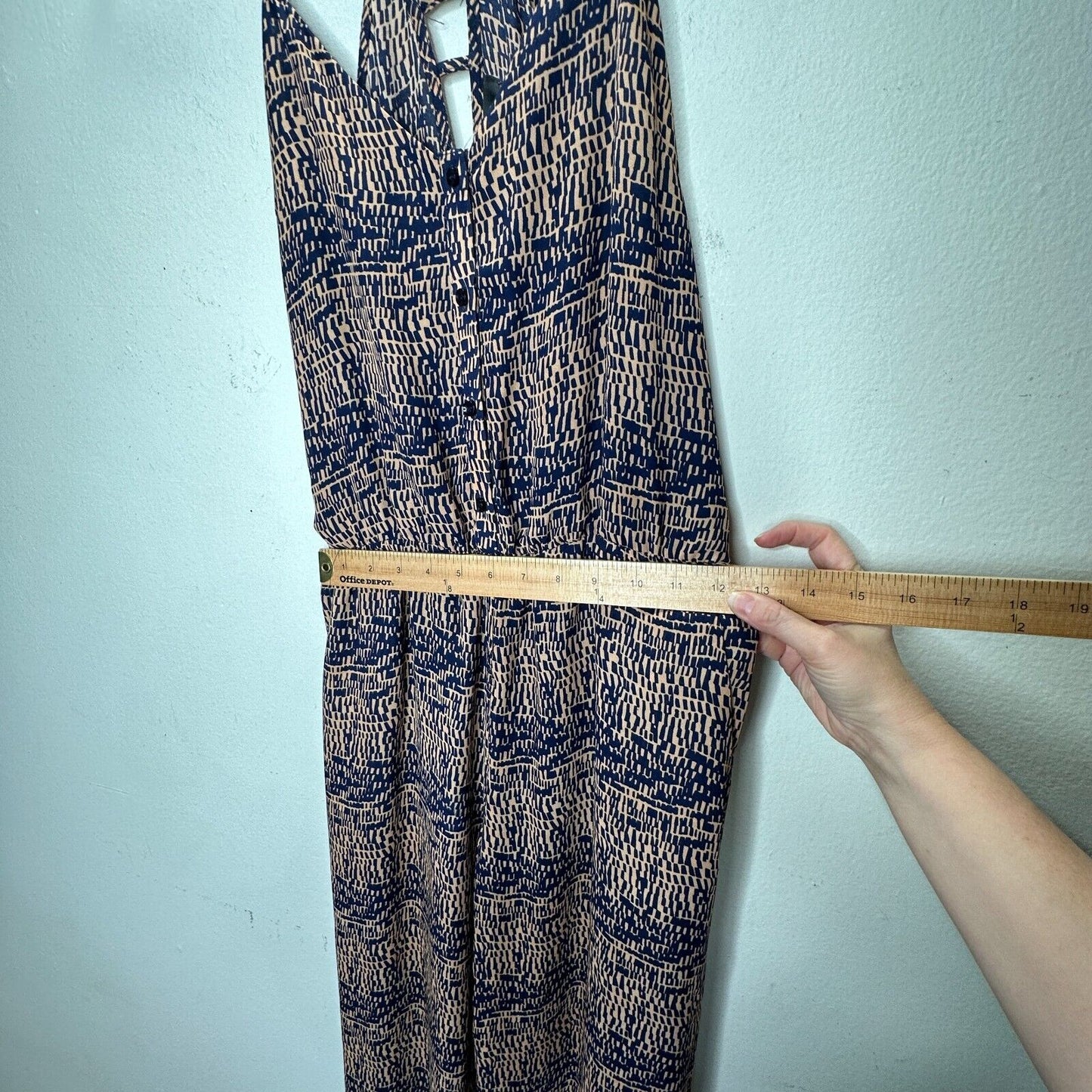 Fora Tan & Navy Front Button Strappy Decorative Back Wide Leg Jumpsuit Small