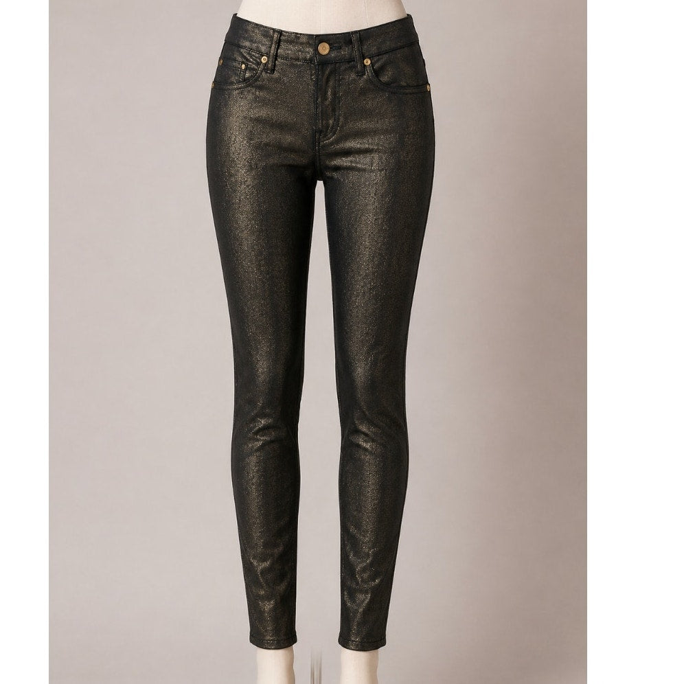 7 FAM Sexy Black Crackled Gold Shimmer Stretch Faux Leather Skinny Pant Size 24