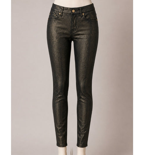 7 FAM Sexy Black Crackled Gold Shimmer Stretch Faux Leather Skinny Pant Size 24