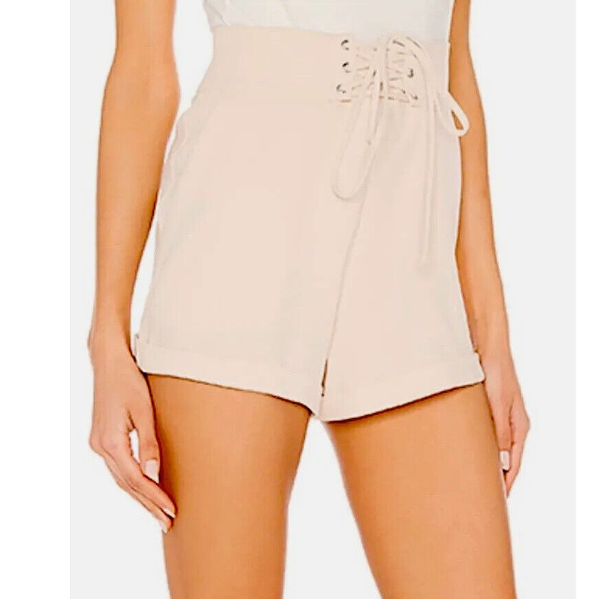 NWT L'Academie Tan Romance Shorts Cuffed Zip Back Front Grommet Lace-Up XS
