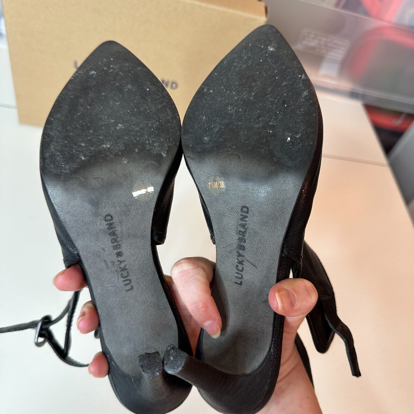 RARE Lucky Brand Ibiza Jet Black Pointed Toe Leather Ankle Strap Stiletto 7.5
