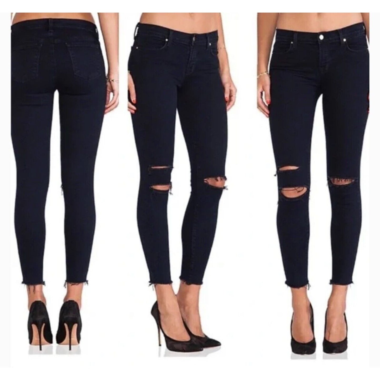 J Brand Crop Raw Hem Mid Rise Super Skinny Dark Blue Mercy Distressed Jeans 27
