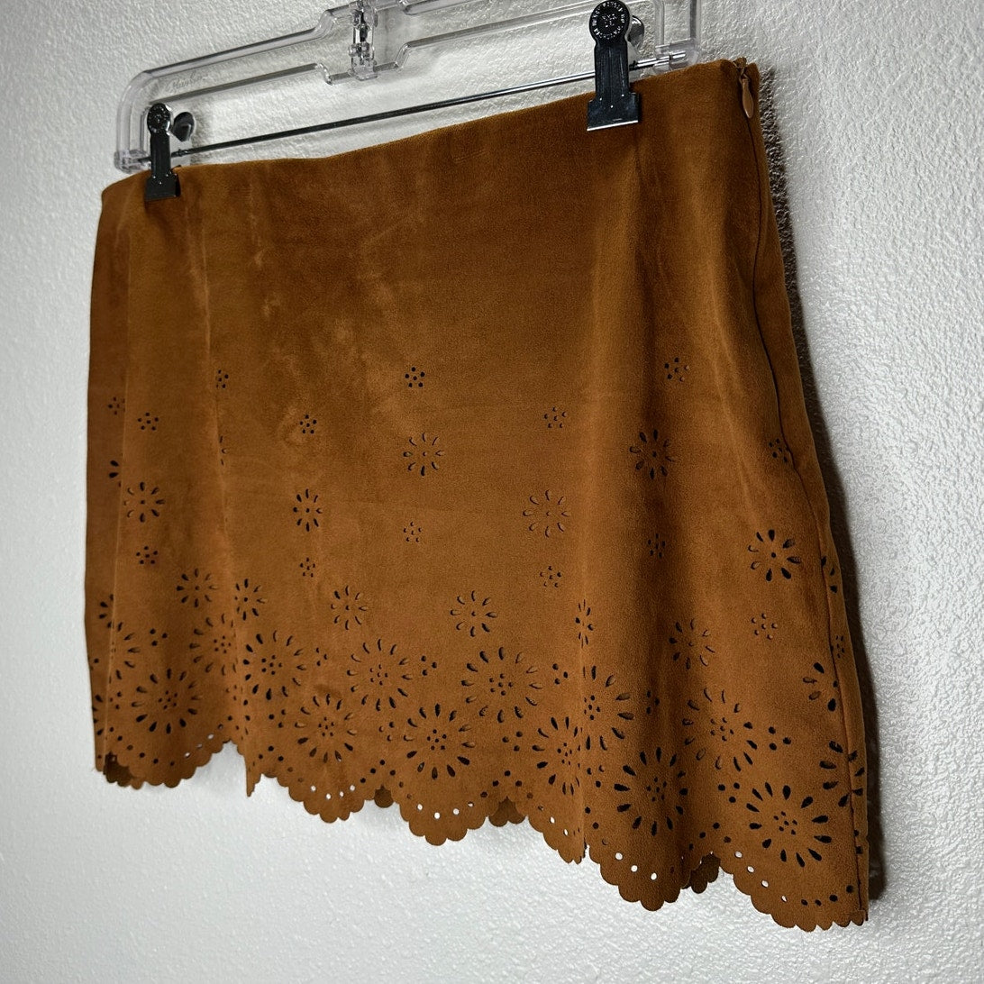 Zara Rust Brown Faux Suede Laser Cut Scalloped Hem Skirt L