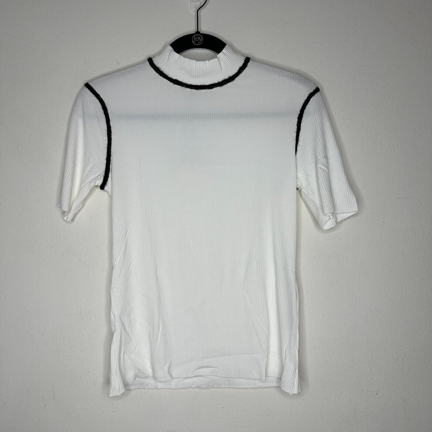 Zara Ivory Black Fuzzy Stitch Lining Mock Neck Short Sleeve Rib Raw Hem Top M
