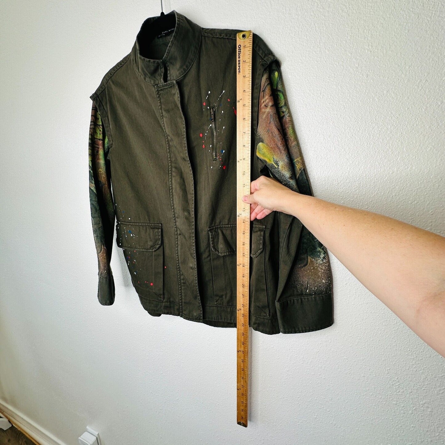 Zara Army Green Grafitti New York Jungle Oversize Zip Utility Jacket 100% Cotton