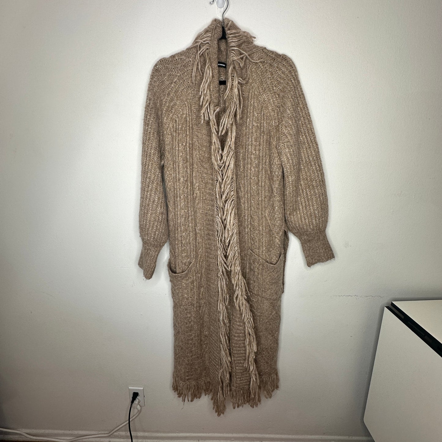 Olivaceous Tan Cream Cable Knit Fringe Trim Midi Cardigan L