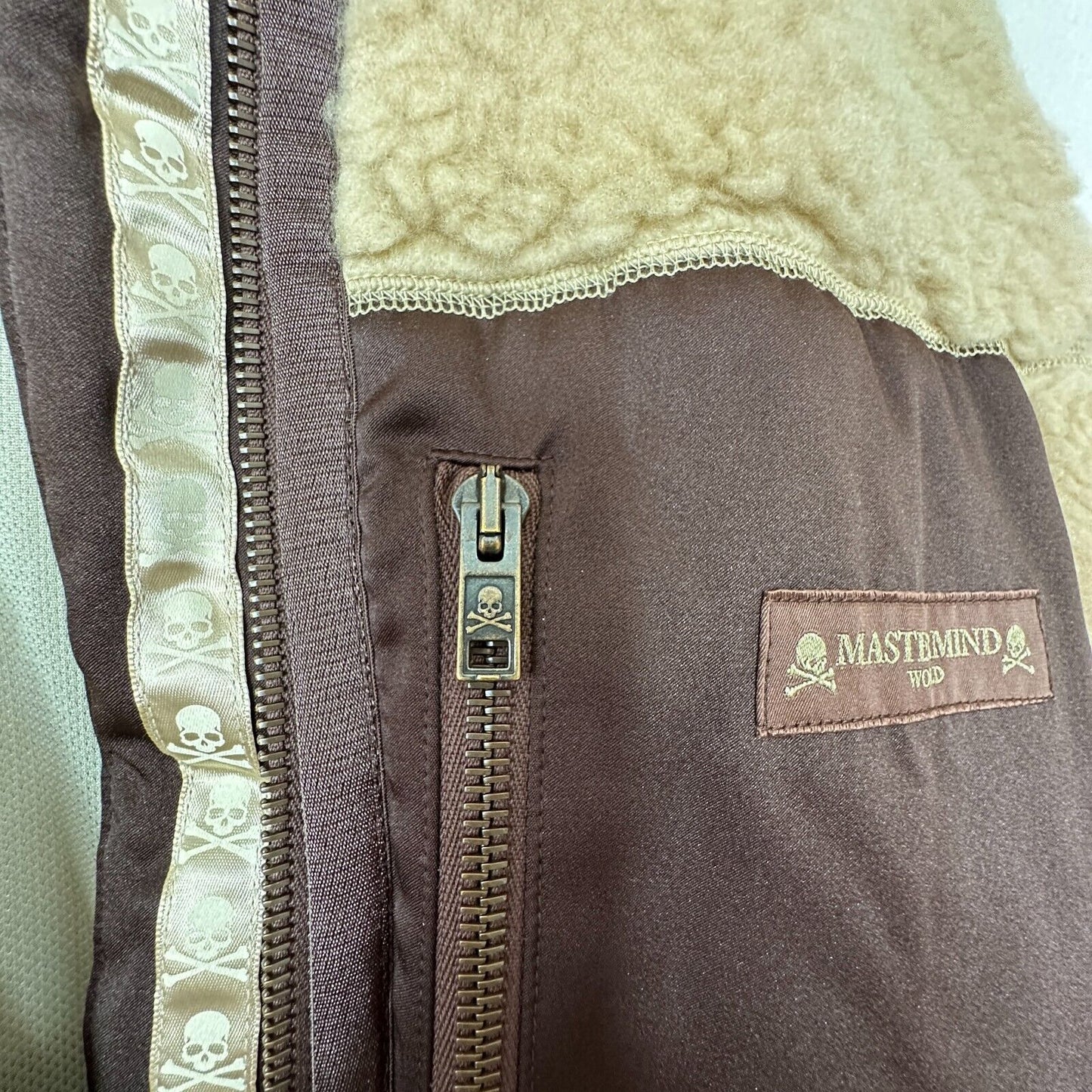 NWT Mastermind World Beige & Brown Cashmere Sherpa Jacket Skull & Crossbone Back