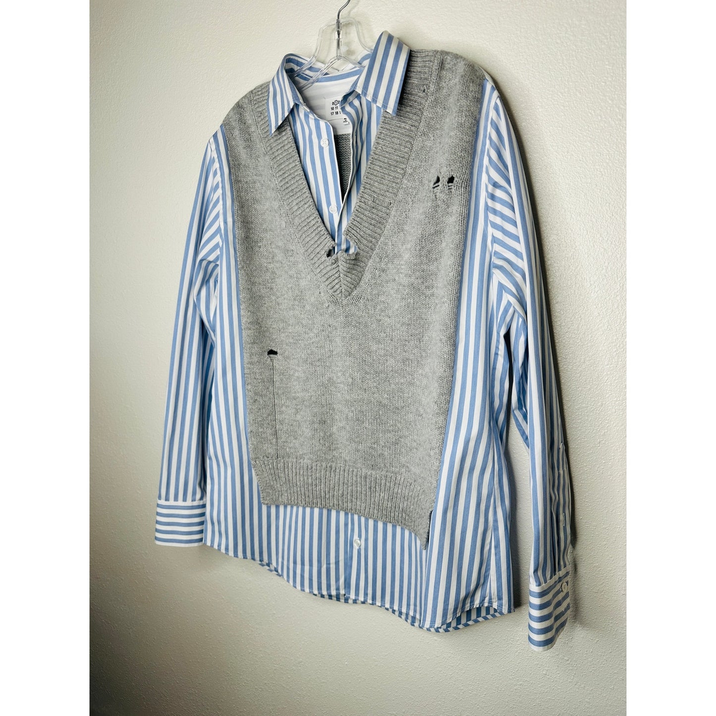 Maison Margiela Distressed Gray Vest Layered Blue & White Stripe Shirt
