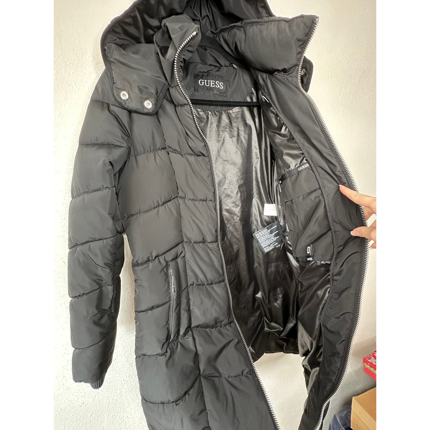 Guess Black Long Line Front Zip Hooded Puffer Jacket S