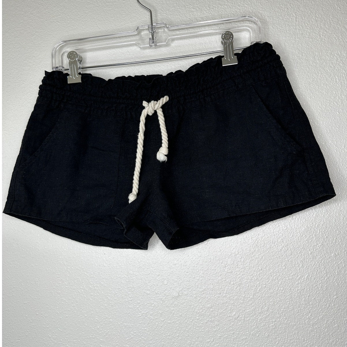 Roxy Oceanside Black Linen Elasticized Cream Rope Tie Shorts M