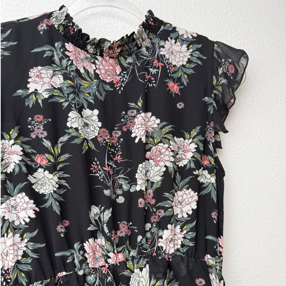 Laissez Faire Floral Midi Dress Smocked Neck Ruffle Sleeveless Size S