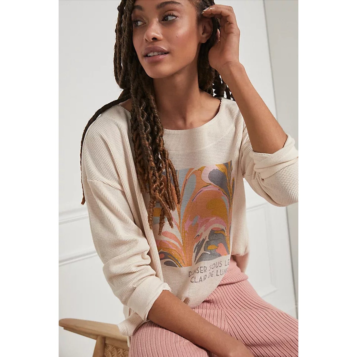 Saturday/Sunday Cream Catrina Thermal Long Sleeve Waffle Top XS
