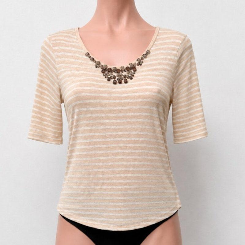 J Crew Jeweled Gem Stone Round Neck Peach and White Striped Painter Tee XS