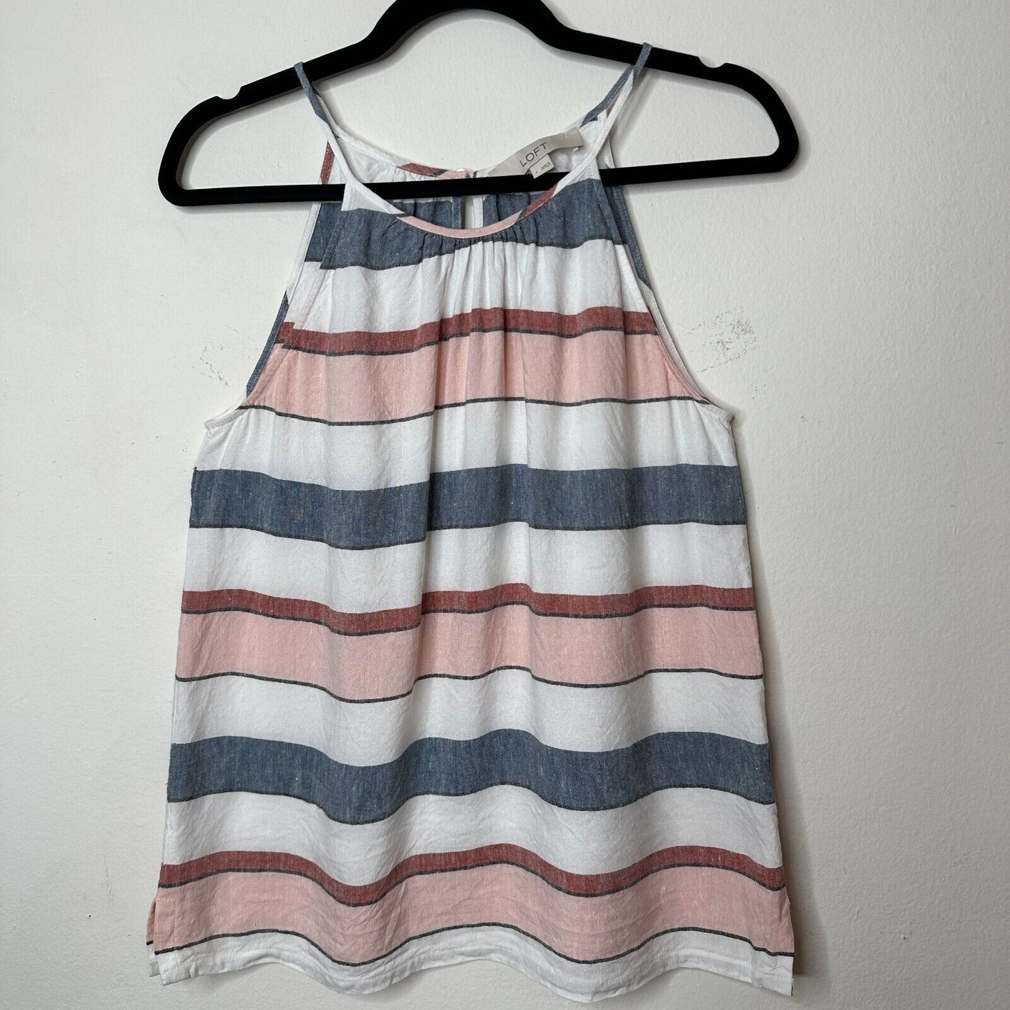 Loft Gray White Pink Stripe Linen Blend Halter Neck Sleeveless Blouse Keyhole SM