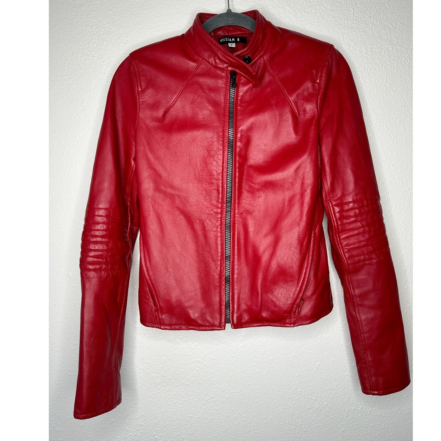 William B Cherry Red 100% Leather Moto Jacket Front Zip Silk Lining S