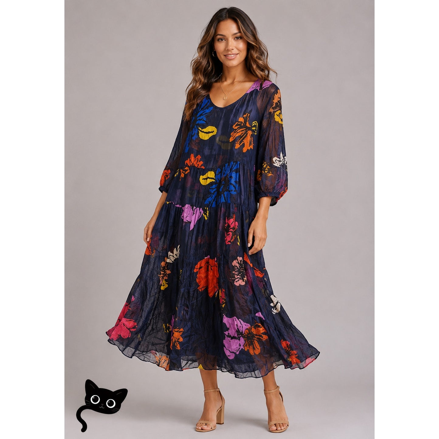 Kate by Laltramoda Sheer Navy Multi Floral Boho Midi Dress 3/4 Sleeve Large